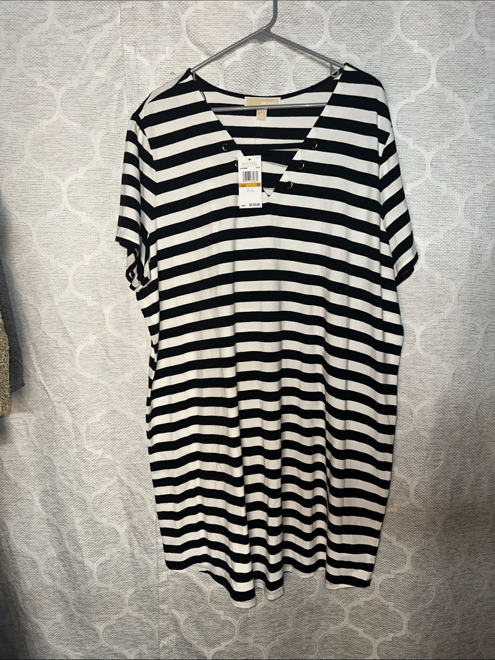 NWT Michael Kors 3X Black White Striped Lace Up Nautical Shift Dress Plus Size